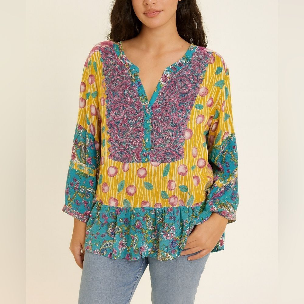John Mark Yellow Teal Pink Floral Peplum Blouse